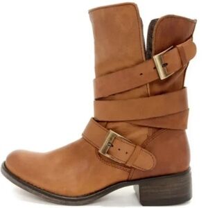 Steve Madden Brewzzer Cognac Leather Belted Mid Calf Moto Boot Size 7.5